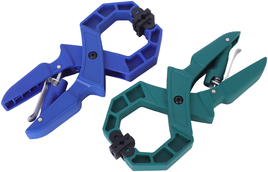 A blue and a green Wildleg ratchet A-clamp, showing the glass-fibre reinforced nylon body and jaw pads.