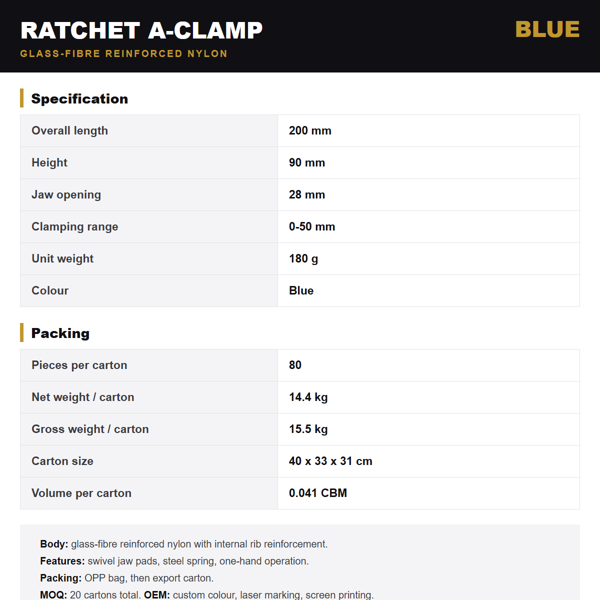 Specification card for the Wildleg ratchet A-clamp in blue.