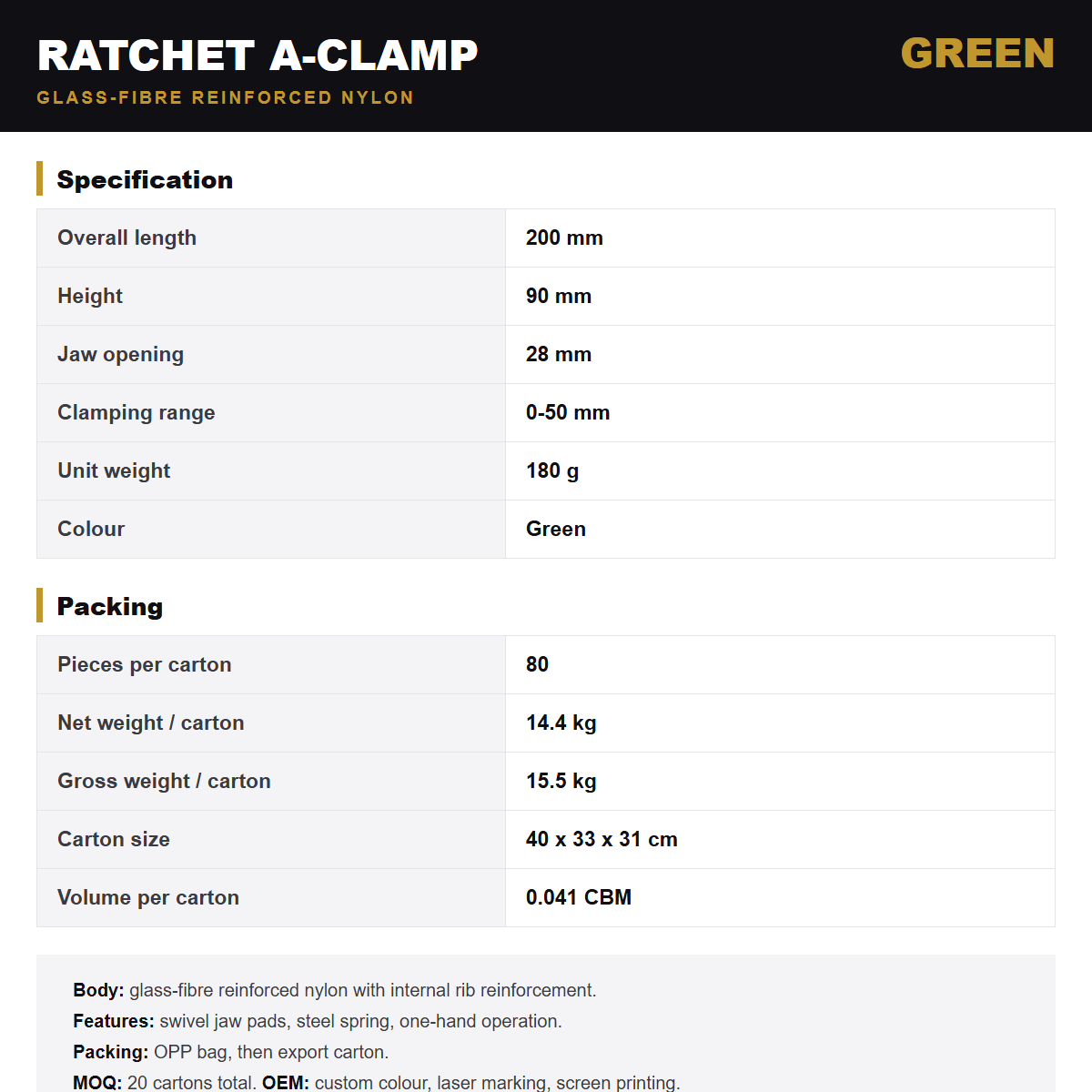 Specification card for the Wildleg ratchet A-clamp in green.