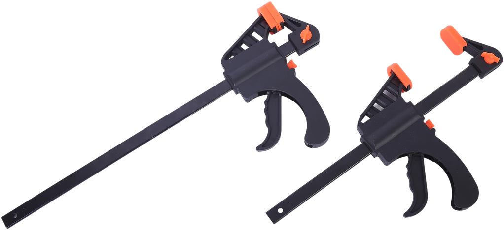 Two Wildleg trigger bar clamps of different lengths, showing the steel bar, black nylon body and orange trigger.