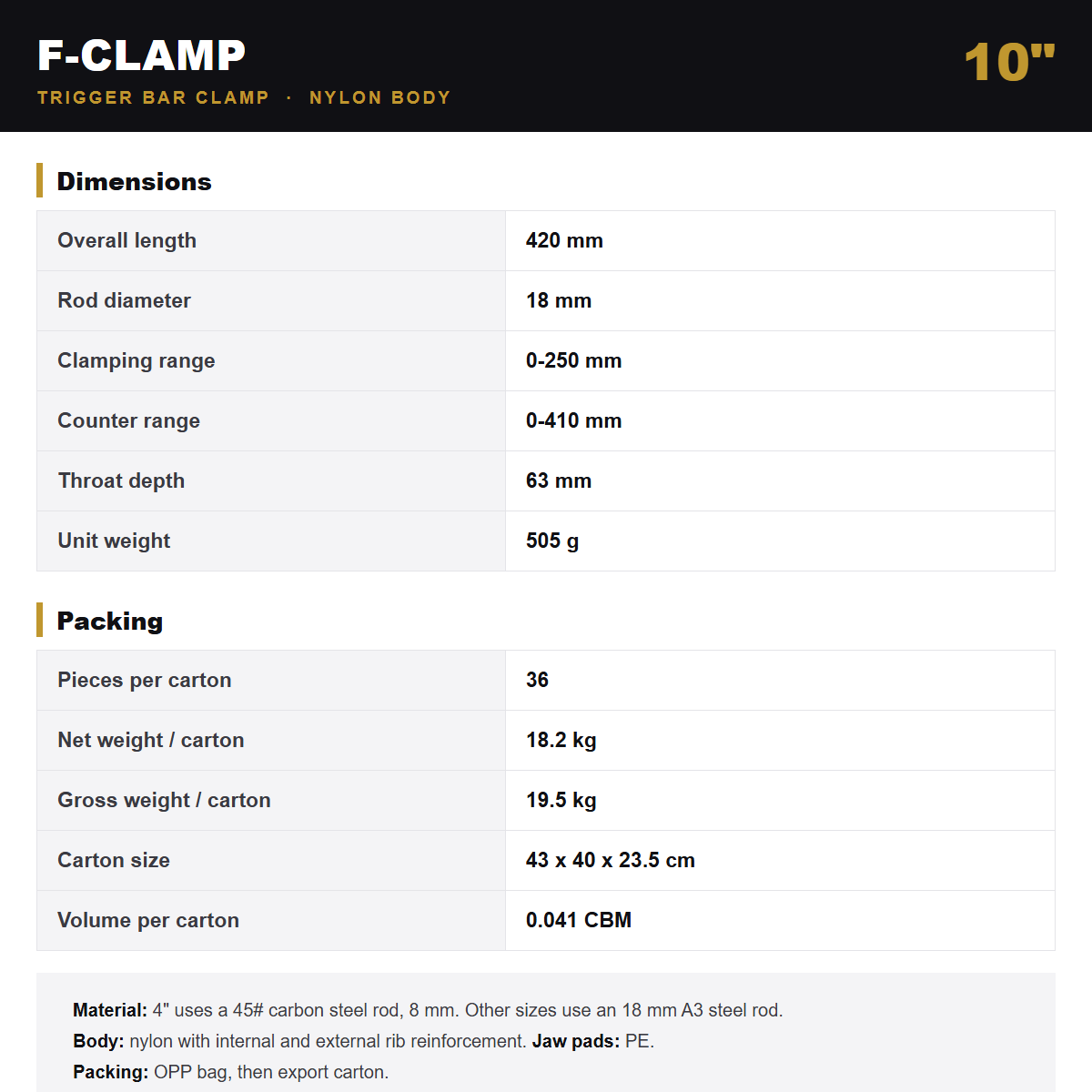 Specification card for the Wildleg F-clamp 10 inch.