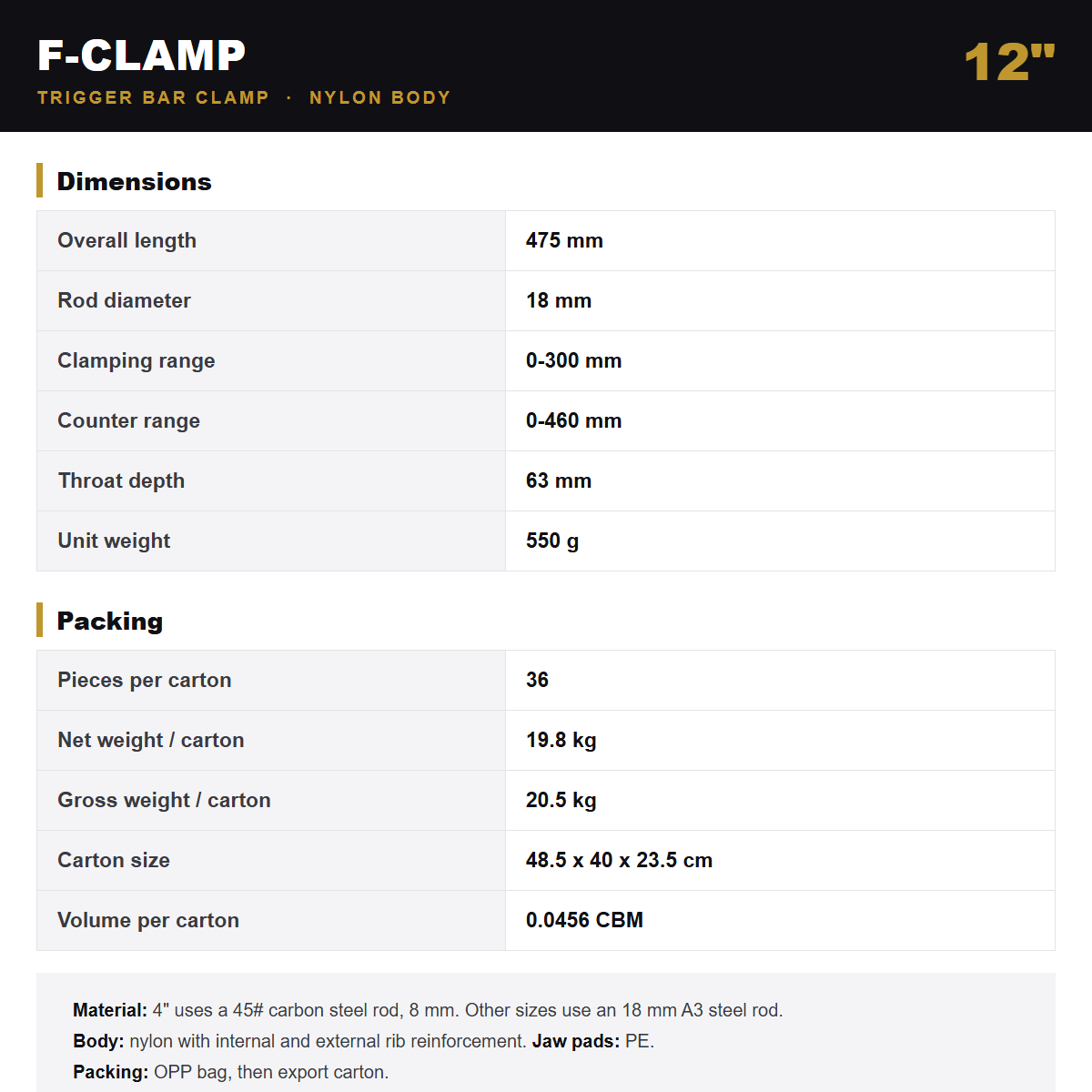 Specification card for the Wildleg F-clamp 12 inch.