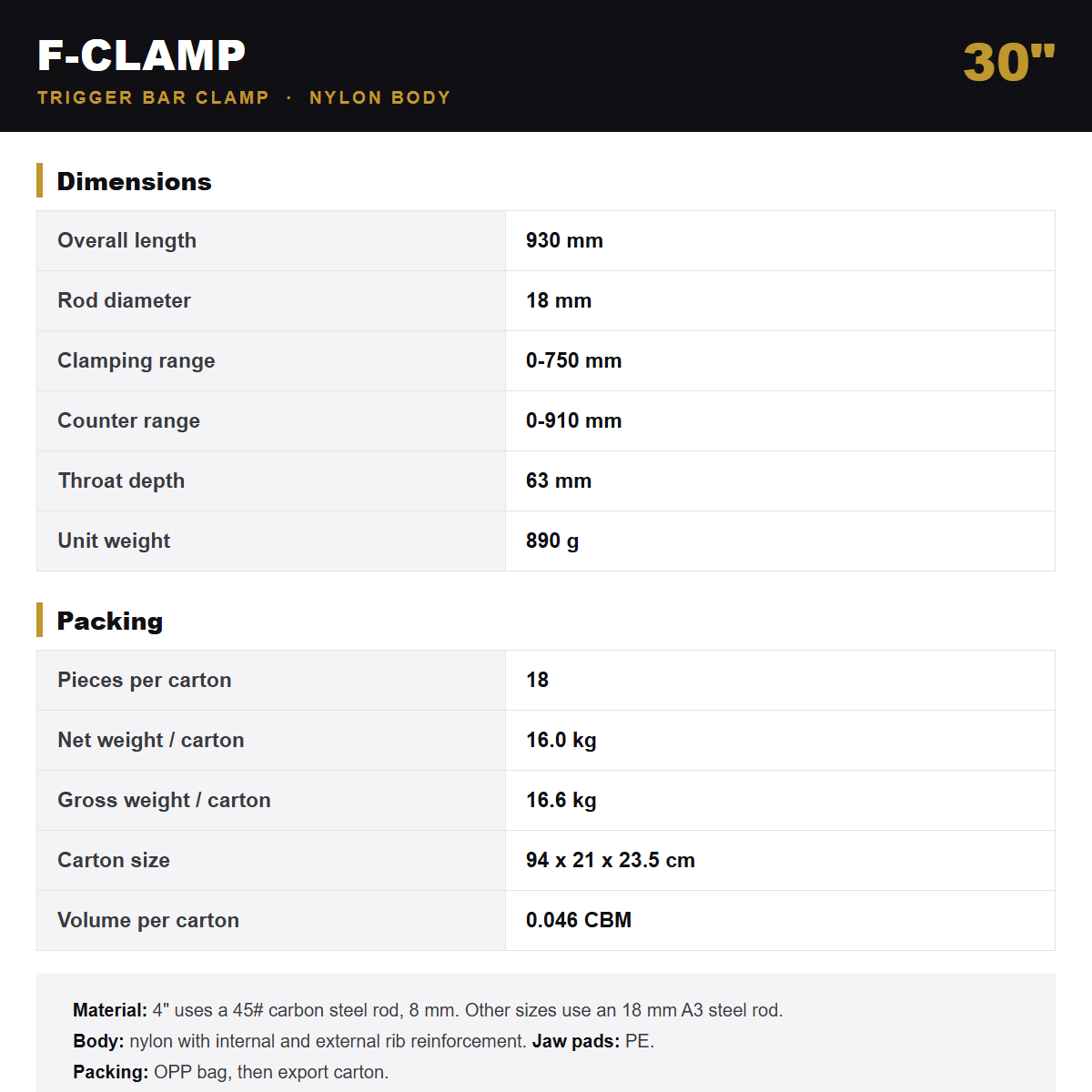 Specification card for the Wildleg F-clamp 30 inch.