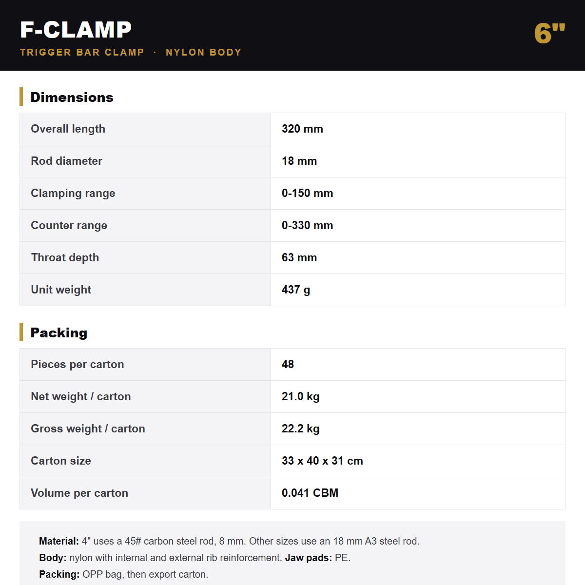 Specification card for the Wildleg F-clamp 6 inch.
