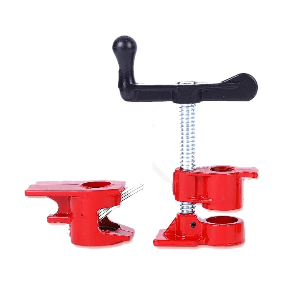A red malleable iron woodworking pipe clamp with a black hand crank and bright zinc screw.